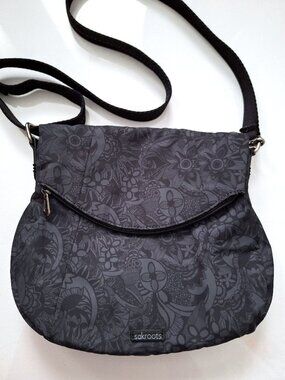 Sakroots Grey and Black Floral Print Foldover Crossbody Bag